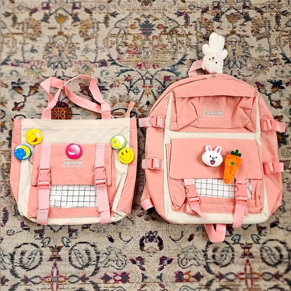 Pink Kawaii Backpack Pin Decor Multi Pocket School Bag OS
